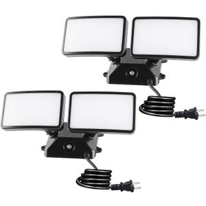 FAGUANGAO Dusk to Dawn LED Security Light,18W Plug in Flood Light Outdoor,5000k Daylight,1600lm, IP55 Waterproof,Adjustable 2 Heads Wall Light for Garage, Porch, Yard,2Pack Black