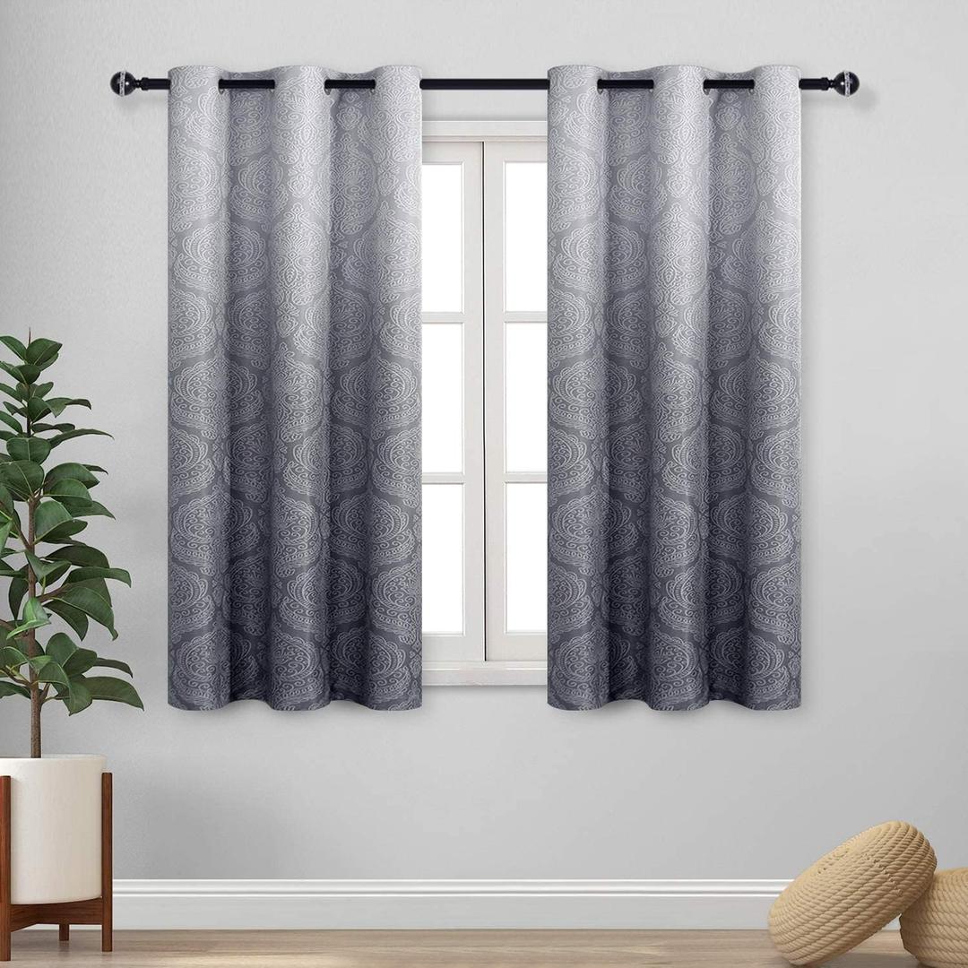 DWCN Ombre Blackout Curtains for Bedroom - Damask Patterned Thermal Insulated Energy Saving Grommet Curtains for Living Room, Set of 2 Gradient Window Curtain Panels, 42 x 54 Inch Length, Grey