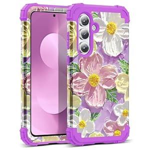 SleekCover Compatible with Galaxy S25 FE Case, 3 in 1 Oil Painting Flower Pattern Heavy Duty Shockproof Protection Silicone Rubber Bumper+Hard PC Protective Cover for Samsung S25 FE 6.7", Purple/ Pink
