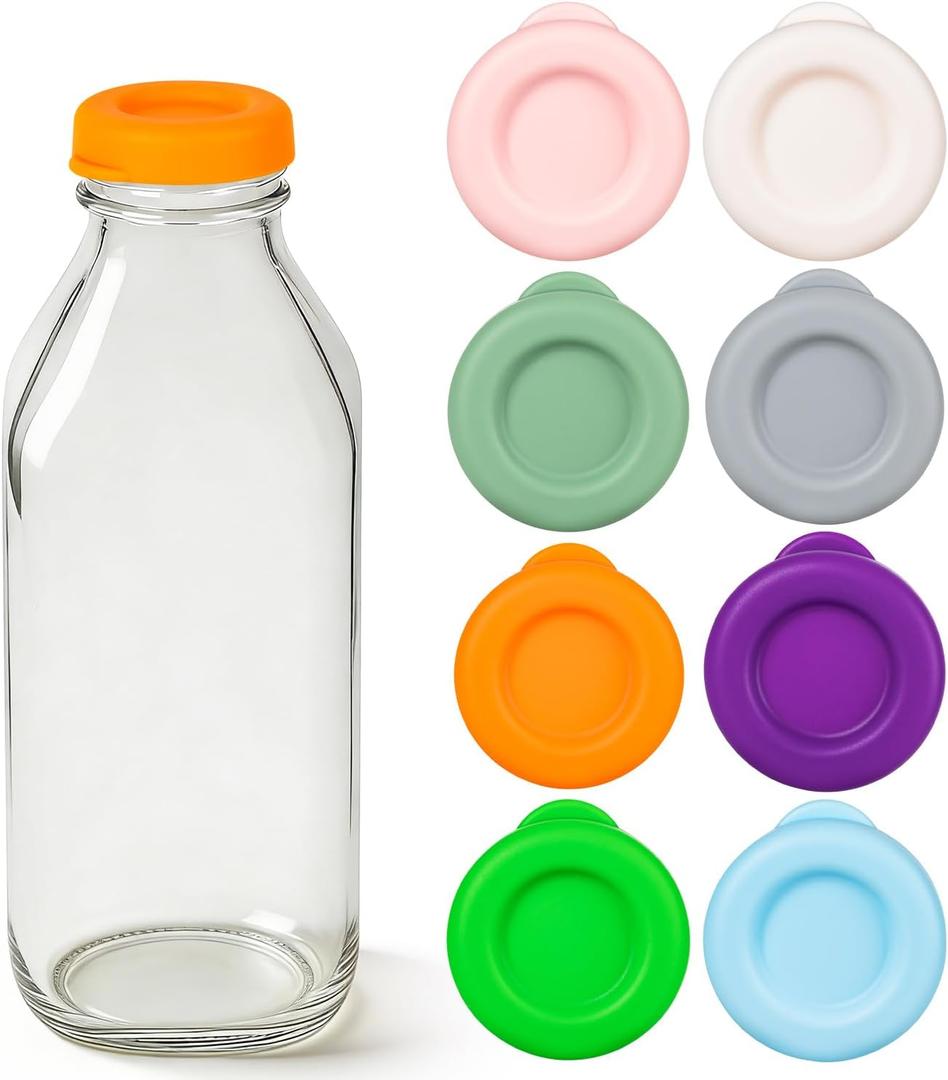 Glass Milk Bottle Caps,48mm Diameter Replacement Bottle Lid,Reusable Silicone Milk Bottle Lids Compatible with Stanpac, Libbey,Colored Caps Covers for Jars (8pc)