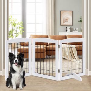 LZRS 3-Panel Freestanding Adjustable Wooden Dog Gate30" Tall Foldable Pet Barrier with Support Feet, Chew-Resistant Solid Hardwood & Steel Wire Safety Fence for Doorways, Hallways, and Stairs, White