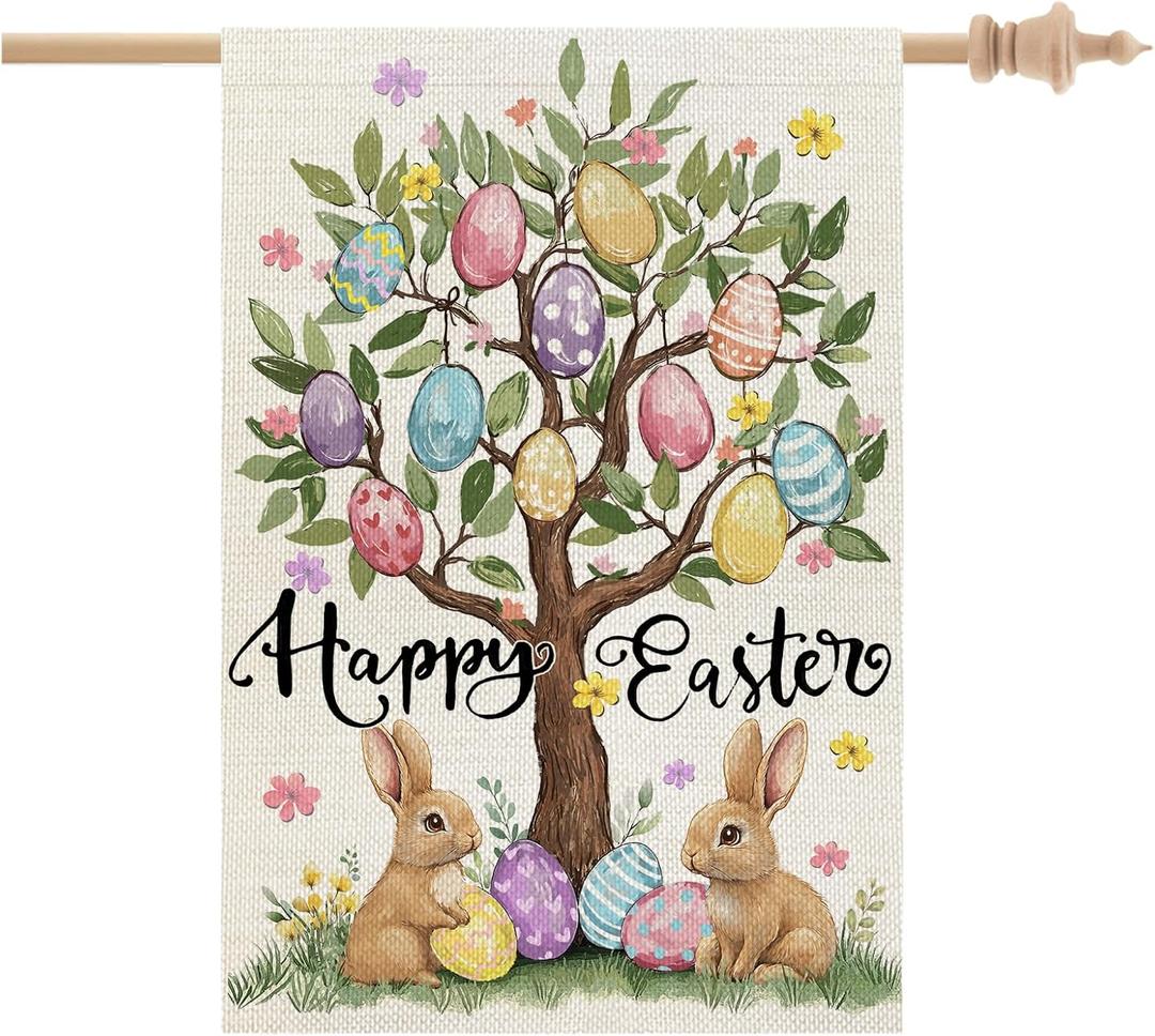 CROWNED BEAUTY Easter House Flag Egg Tree Bunny 28x40 Inch Double Sided Large Holiday Welcome Decoration for Outside Yard