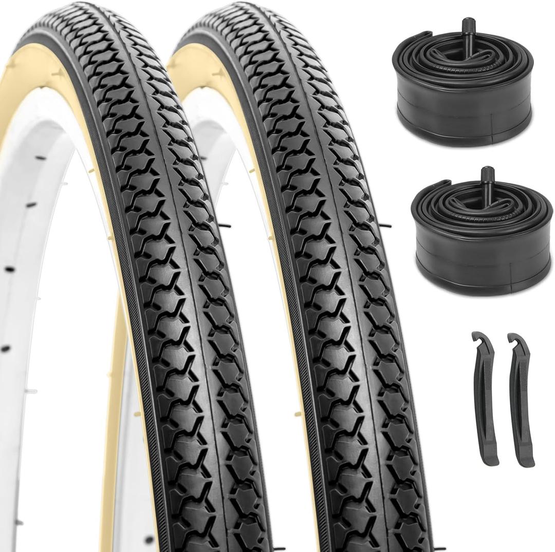 Hycline 26X1 3/8 Bike Tire Set: 2-Pack (37-590) Folding High-Density Bicycle Tires with Schrader Tubes & Tire Levers Fits Vintage 261 3/8 City/Commuter Bikes