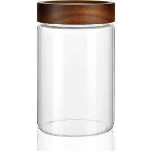 28 fl oz/850 ml Clear Glass Storage Canister with Airtight Wooden Screw Lid, Medium Cute Decorative Glass Container Jar for Coffee,Candy,Salt,Cookie,Condiment,Pepper,Sugar,Overnight Oatmeal
