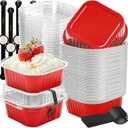 50 Pack Mini Cake Pans with Lids and Spoons Small Aluminum Foil Pans Square Baking Cups Disposable Ramekins Cupcake Liners for Brownie Pie (Red, 10 oz)
