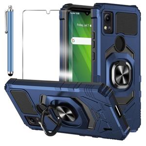 for Cricket Icon 5 Case, with Tempered Glass Screen Protector Heavy Duty Protection Technology Built-in Kickstand Rugged Shockproof Protective Phone Case for Cricket Icon 5, (Blue) 2Pcs