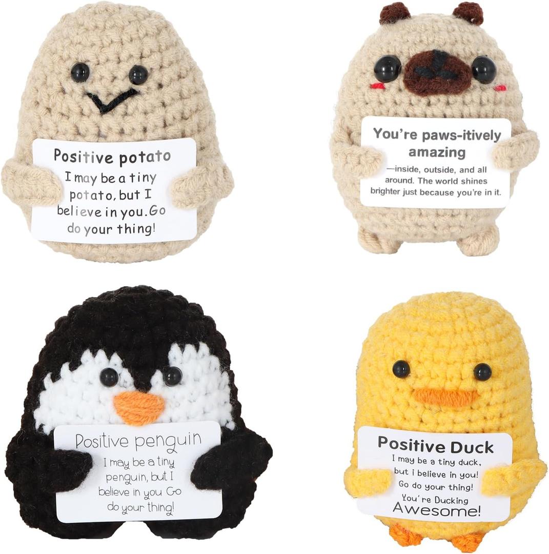 4PCS Emotional Support Crochet Potato & Duck with Positive Card, Cute Positive Crochet Animals Set, Funny Mini Gifts for Women, Men, Office Desk Decor for Teacher, Nurse, Families,Women, Men
