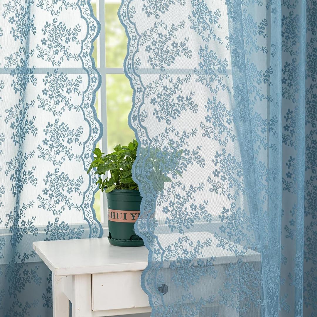 Stone Blue Curtains 63 Inches Length for Boys Bedroom Nursery Boho Country Floral Lace Sheer Curtains for Kitchen Summer Beach Themed Ocean Coastal Room Decor 2 Panles W52 X L63 Light Dusty Blue