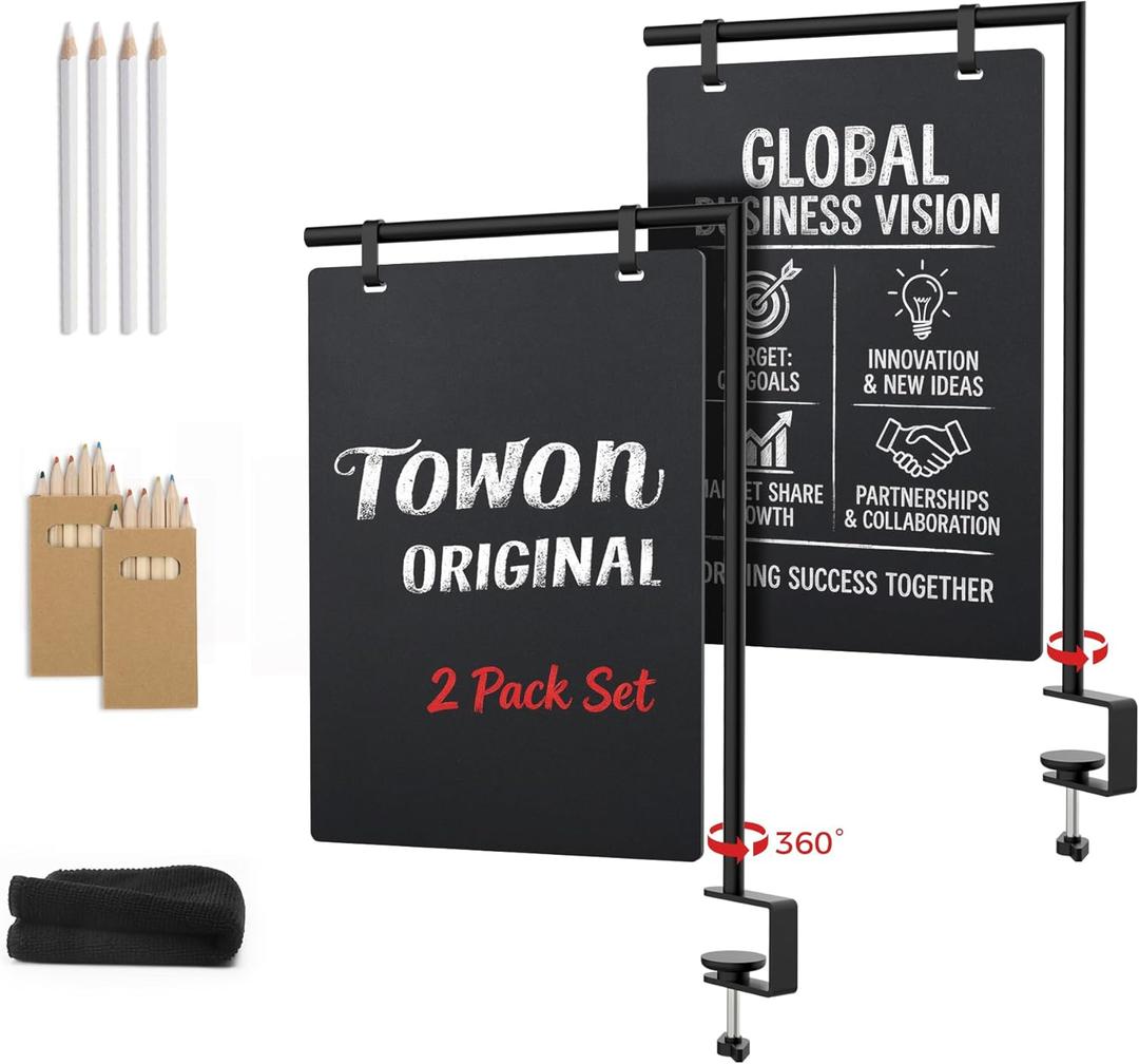 2-Pack Clamp-On Desk Chalkboard Signs - Desk Edge Double-Sided Hanging Menu Boards (8 x 11 Inch) - Detachable Tabletop Blackboards with C-Clamp Mounts for Cafe Counter, Office & Wedding & Kitchen