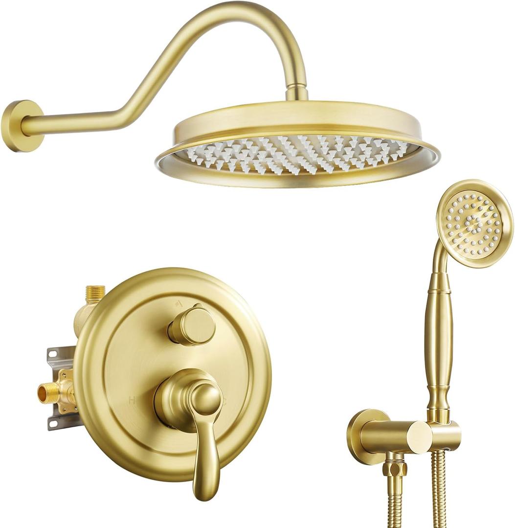 Antique Shower Faucet-Set Complete: Wall Mount 9 inch Rain Head and Handheld Spray Combo, 2 Way Diverter Brass Valve with Trim Kit, Brushed Gold