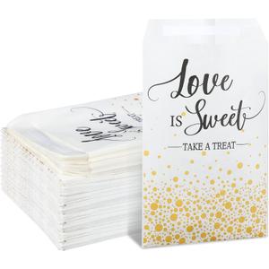 Woanger 300 Pcs Wedding Favor Buffet Bags Bulk 5 x 7 Inch Love Is Sweet Themed Treat Paper Bags White Self Adhesive Wedding Gift Candy Cookie Party Favor Wrap Supplies for Birthday Bridal Baby Shower
