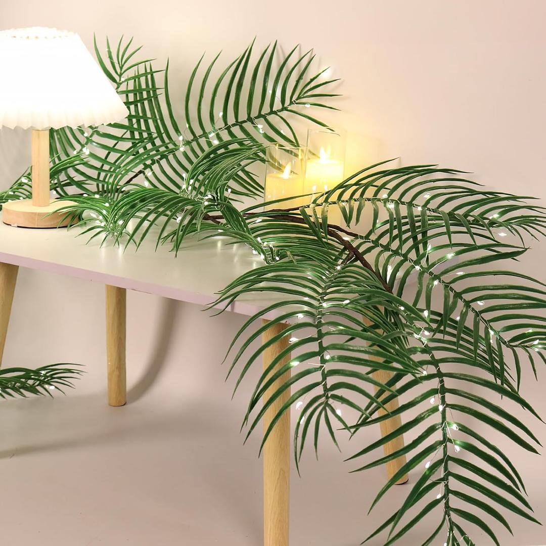 RECUTMS Artificial Palm Leaves Garland Ivy 6FT with 150LED Fairy Lights Battery Operated Faux Tropical Monstera Leaf Greenery Twig Vine Indoor Outdoor Home Spring Fireplace Mantle Table Decoration