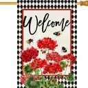 Baccessor Spring Summer Geranium Welcome House Flag Double Sided Summer Bee Red Floral Buffalo Plaid Burlap Large Flag House Seasonal Farmhouse Outside Outdoor Decoration 28 x 40 Inch