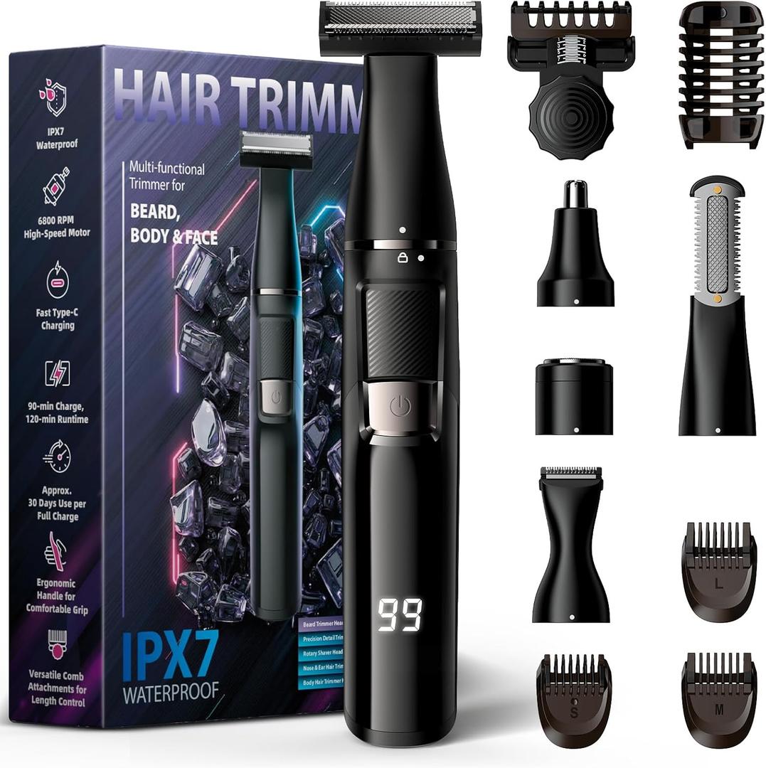 Electric Razor for Men 5 in 1, Beard Trimmer Kit with Adjustable 18mm Comb, Body Shaver, Nose & Ear Hair Trimmer, IPX7 Waterproof, Type-C Fast Charge, LED Display, 120-Min Cordless Use