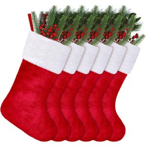 ANVAVO 6 Pack Christmas Stockings 18 Inch Soft Classic Red Plush Stockings Xmas Fireplace Hanging Stockings Fireplace Decorations Plush Fur Cuff Stockings for Holiday Xmas Party Decorations