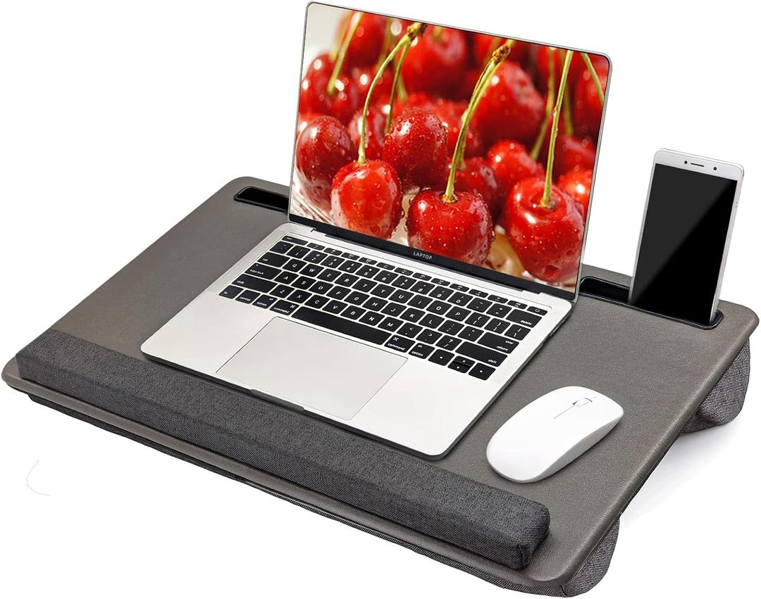 Large Lap Laptop Desk - Full PU Material Mouse Pad Gaming Tray - Portable LapDesk with Phone Holder & Wrist Rest for Notebook, MacBook, Tablet, Bed, Sofa(Gray, Fit Up 17.3-in Laptops)