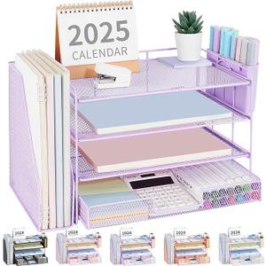 OPNICE Desk Organizer, 4Tier Desktop File Organizer with Drawer and 2 Pen Holders, Office Desk Accessories, File Sorters, Workspace Organizers for Office Supplies(Purple)