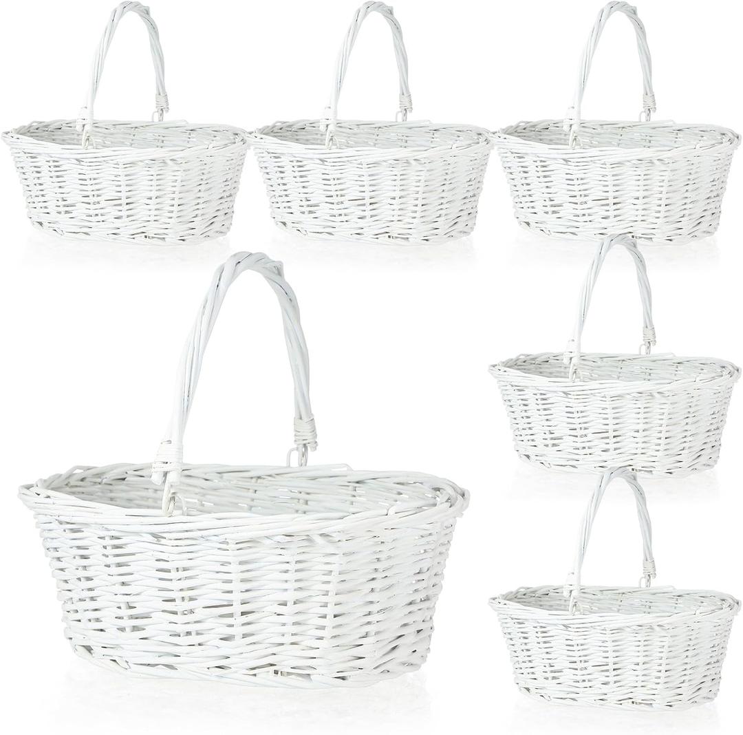Barydat 6 Pcs Small Wicker Picnic Basket with Handle Flower Girl Baskets Oval Willow Woven Braided Gift Basket for Weddings Baby Shower Summer Home Garden Decor(12'' X 9'' X 5'',White)