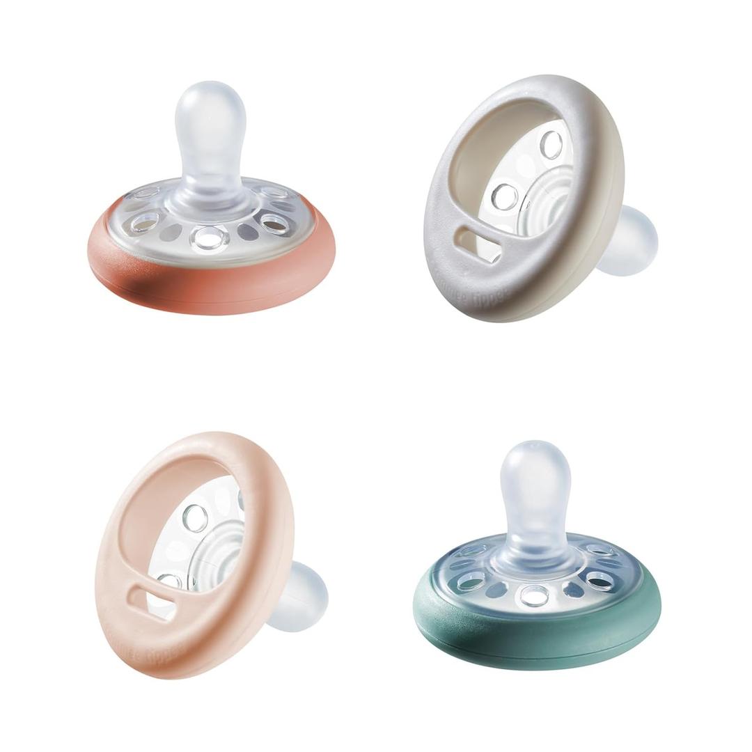 Tommee Tippee Breast-Like Pacifier, 6-18 Months, Symmetrical Design, Natural Breast-Like Baglet, BPA-Free Binkies, Rose/Green/Cream, Pack of 4 (6-18 Month (Pack of 3))