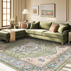 BESTSWEETIE 8x10 Area Rugs for Living Room Washable Non Slip Carpet Low Pile Soft Vintage Print Pattern Rug for Bedroom Dining Room Kitchen Entryway Indoor-Green/Light tan/Blue/Grey