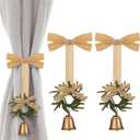 Suncalla 2 Pcs Christmas Curtain Buckle Tieback Christmas Wreath Curtain Ties Backs Holdback Holder Fastener Buckles with Velvet Bow and Bell for Xmas Holiday Home Window Decoration(Light Brown)