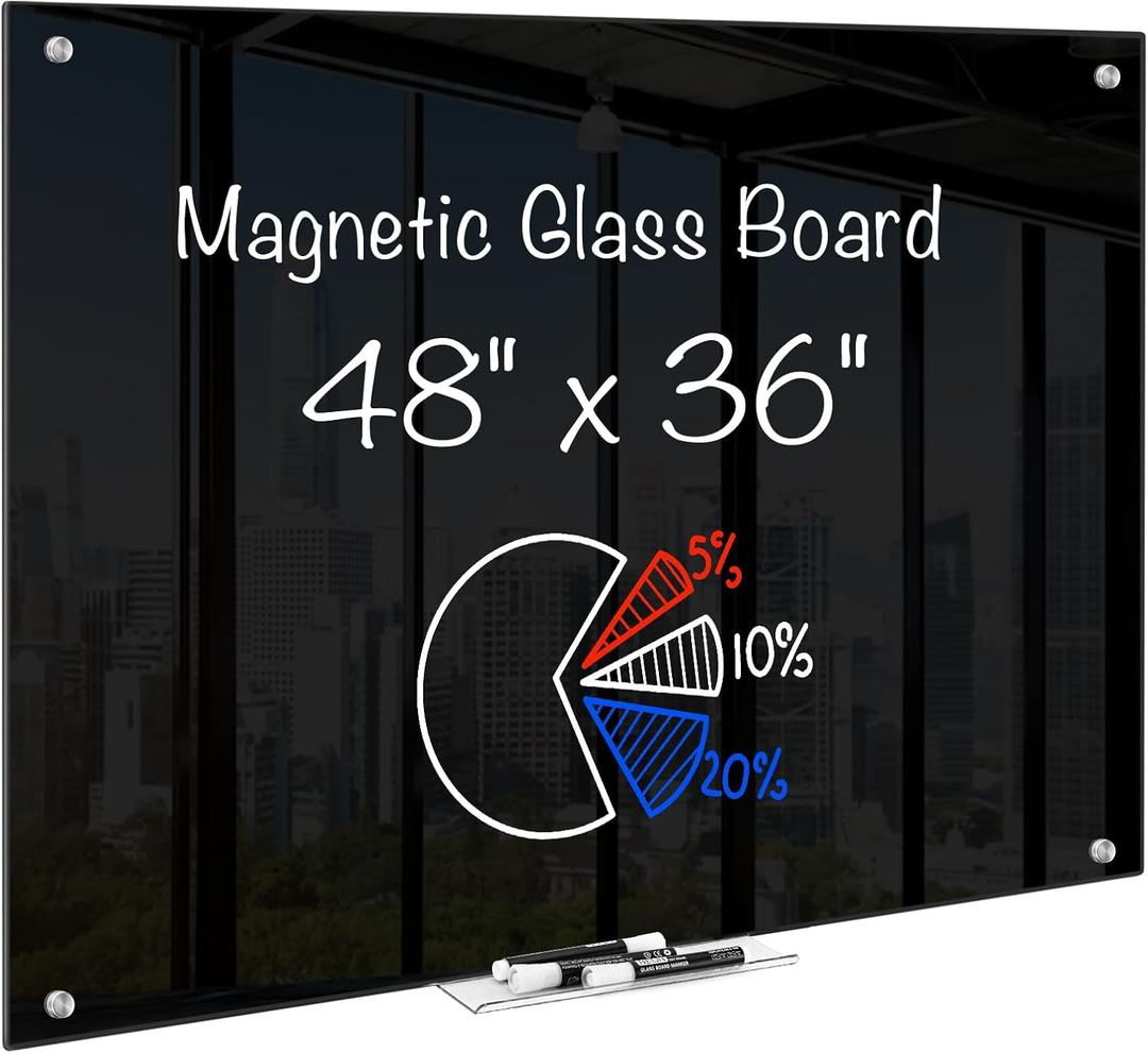 maxtek Black Dry Erase Board 48" x 36", Black Whiteboard Glass Frameless, Large Magnetic Glass White Board for Office School