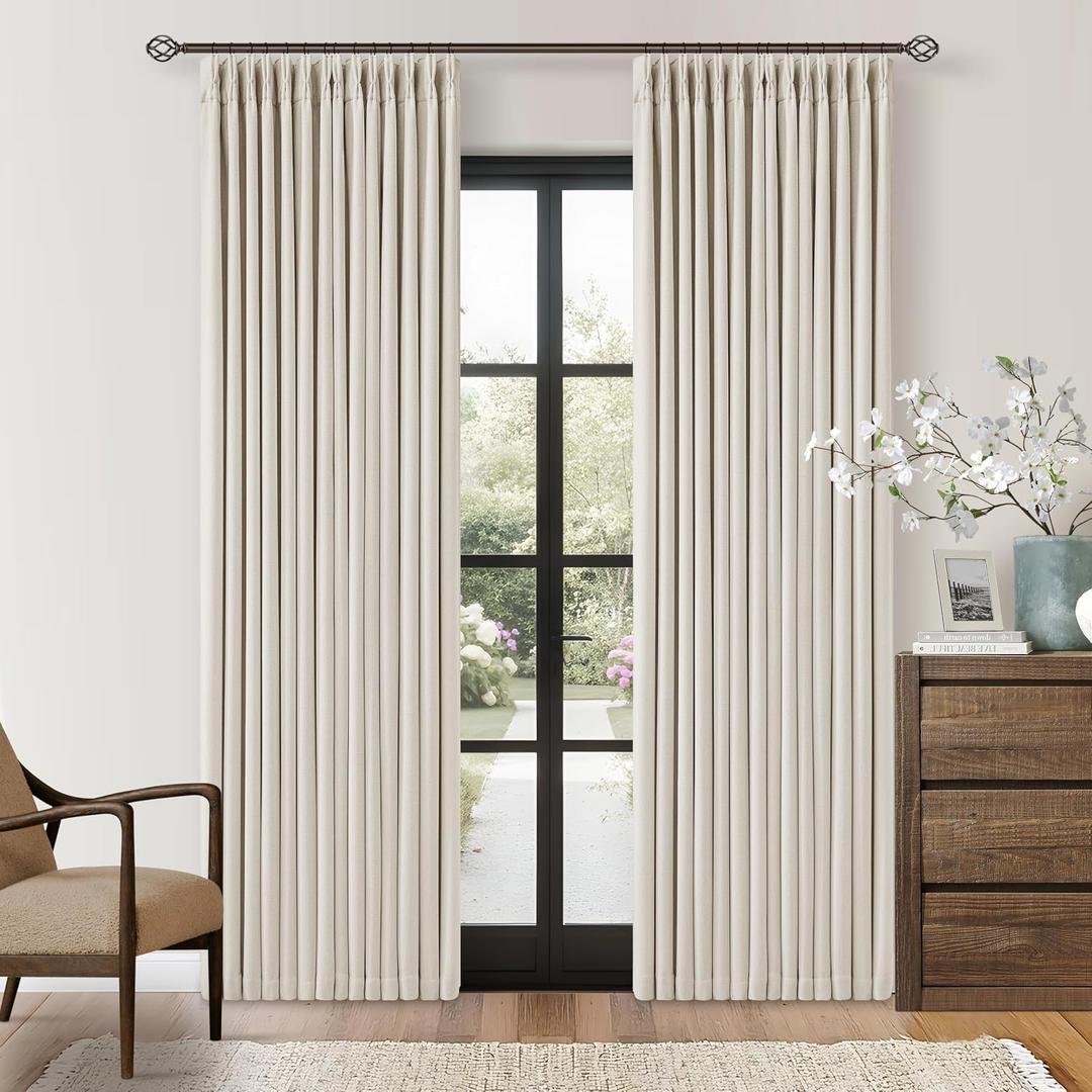 80 Inch Pinch Pleated Linen Black Out Curtains 2 Panels for Bedroom Living Room Cream 100% Blackout Curtains 80 Inches Long Pinch Pleat Dual Layer Drapes Cream Ivory Drapes for Dining Room Office