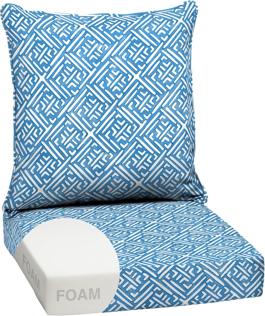 Arden Outdoor Foam Deep Seat Cushion Set, 24 in x 24 in, Weather-Proof, Rain-Proof, Fade Resistant Patio Cushion, Bottom and Back Cushion for Chair, Sofa, and Couch Amalfi Blue Tile
