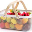 ZEAYEA Mesh Storage Basket with Handle, Garden Harvest Basket, Mesh Fruit Basket Bin for Gathering Vegetables, Multi-functional Metal Wire Basket for Kitchen Garden Picnic Cabinet, White