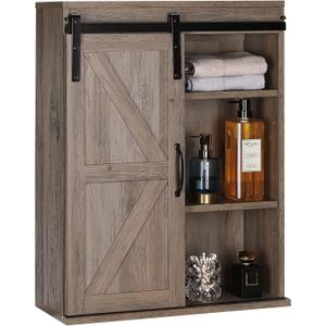 RUSTOWN Farmhouse Wood Wall Storage Bathroom Cabinet with Sliding Barn Door, Rustic Medicine Cabinet with Adjustable Shelf, 3-Tier Vintage Cabinet for Kitchen, Bathroom, Living Room (Washed Oak)