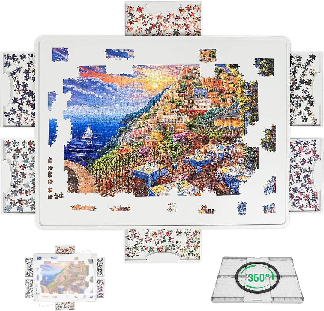 BuilderButler Lightweight 1500 Pieces Rotating Puzzle Board with 6 Sliding Drawers and Cover 360 Lazy Susan Spinning, 34.25"x25.98" Portable Plastic Puzzle Table, for Mom