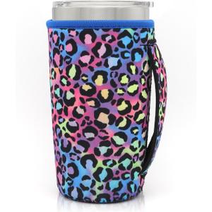 Neoprene Insulated Sleeves Cup Holder with Handle for 20oz Tumbler Cups, Reusable Iced Coffee Sleeve For 30oz - 32oz coffee cups(Blue cheetah) (20-24 FI OZ Pack of 1)