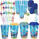 Yungyan 24 Sets Under the Sea Ocean Party Favors Goodie Cups with Lids and Straws for Birthday Decorations Reusable 16oz Plastic Candy Cups Plastic Straws for Birthday Party(Ocean Animals)