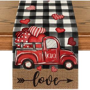 Artoid Mode Watercolor Buffalo Plaid Hearts Truck Love Valentine's Day Table Runner, Seasonal Anniversary Wedding Holiday Kitchen Dining Table Decoration for Indoor Outdoor Home Decor 13 x 90 Inch