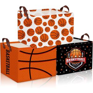 CHENGU 3 Pcs Basketball Baskets Storage Bin Basket for Gifts Collapsible Waterproof Canvas Cube Sports Storage Basketball Organizer with Handles for Clothes Toys Balls Shelf Nursery Boxes Decor