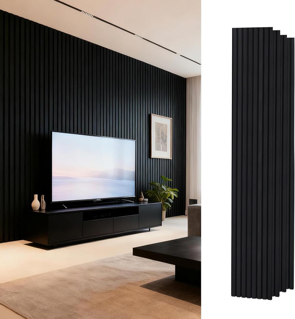 Wood Slat Wall Panels for Wall, 4-Piece Acoustic Decorative Wood Panels for Interior Accent Walls, Sound Absorbing Wall Panels, 94" 12.6" Each (Ebony)