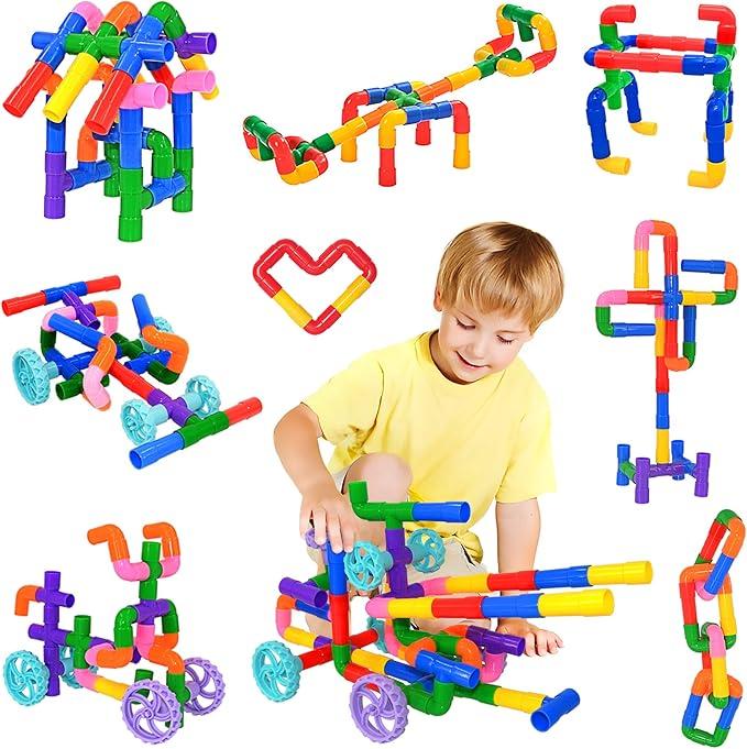 Learning Pipe Tube Toys, Tube Locks Construction Building Blocks 200 Pcs - Multicolor Educational Building Blocks Set with Wheels& Spouts & Joints for Kids Ages 3+