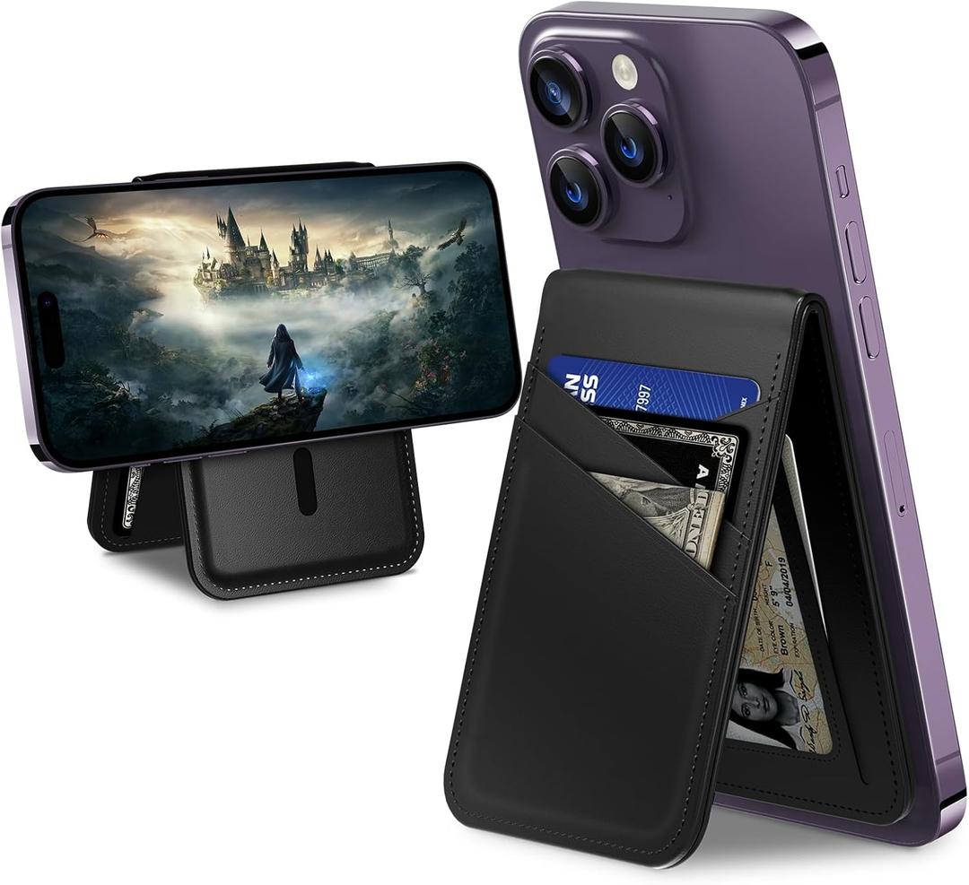 TopMade for Mag Safe Wallet Stand, Strongest Magnetic Phone Wallet Card Holder for iPhone 17/16/15/14/13/12 Series, Vegan Leather, RFID Blocking, 5 Card Slots, Open ID Window, Slim, Midnight Black
