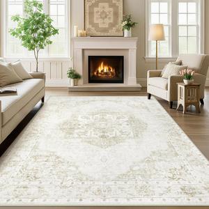 6x9 Area Rugs for Living Room, Washable Vintage Floral Rug Non-Slip, Stain Resistant Low-Pile Floor Carpet for Bedroom Dining Room Nursery, Soft Kid & Pet Friendly Traditional Decor (Beige, 6x9)