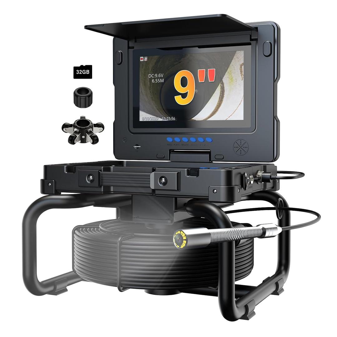 Sewer Camera with Self-Leveling 100ft Plumbing Snake, 9" AHD Screen for Plumber, Homeowners