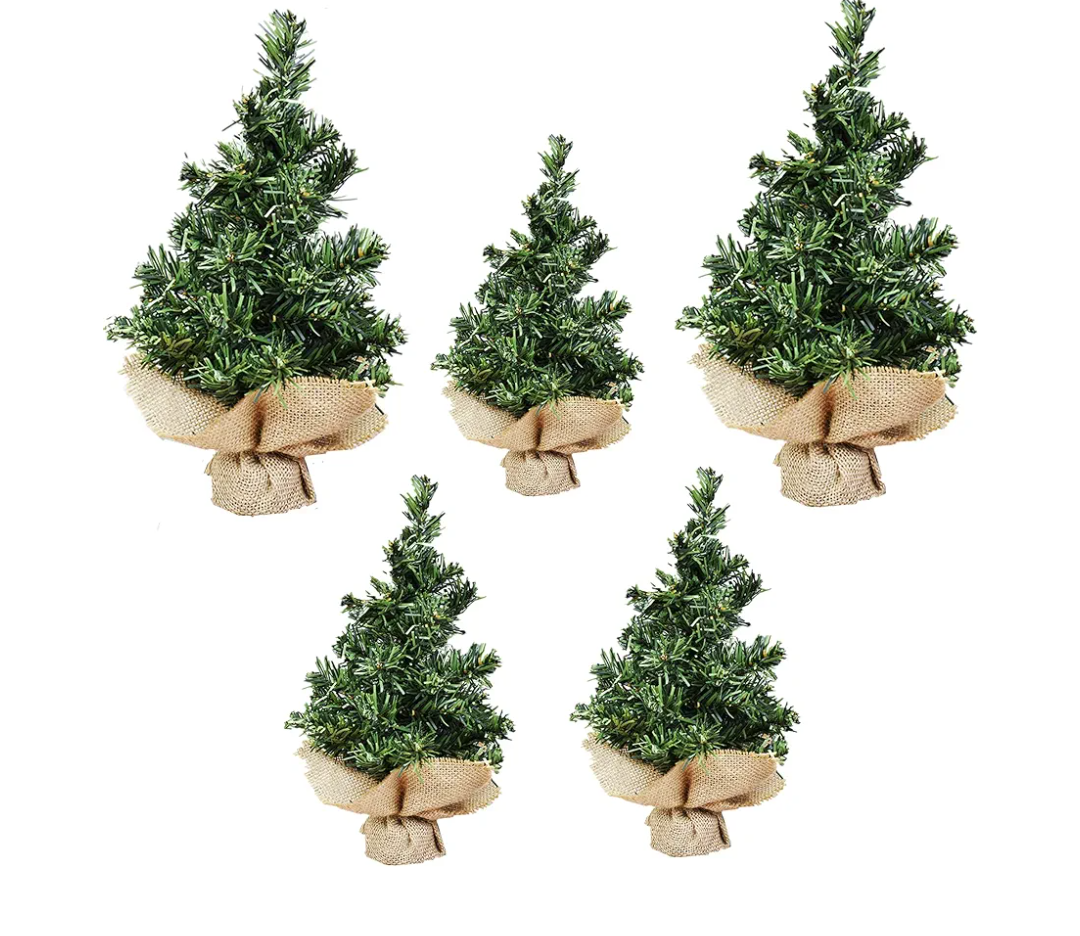 25 PCS Tabletop Mini Christmas Tree 7.87" / 11.81" Green Xmas Pine Tree Christmas Decorations for Home Miniature Trees with Linen Base for Dining Table Kitchen Desk Home