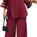 AOVDE Plus Size Pant Suits 2 Piece Casual Dressy Pantsuits Mesh Panel Bell Sleeve Outfits for Women Evening Dinner Party (Red)