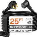 25 FT 3 Prong Dryer Extension Cord Outdoor Black, 30 AMP 10/3 Gauge Heavy Duty, NEMA 10-30P to 10-30R, Waterproof STW Jacket ETL Listed for Dryers & EV Charging