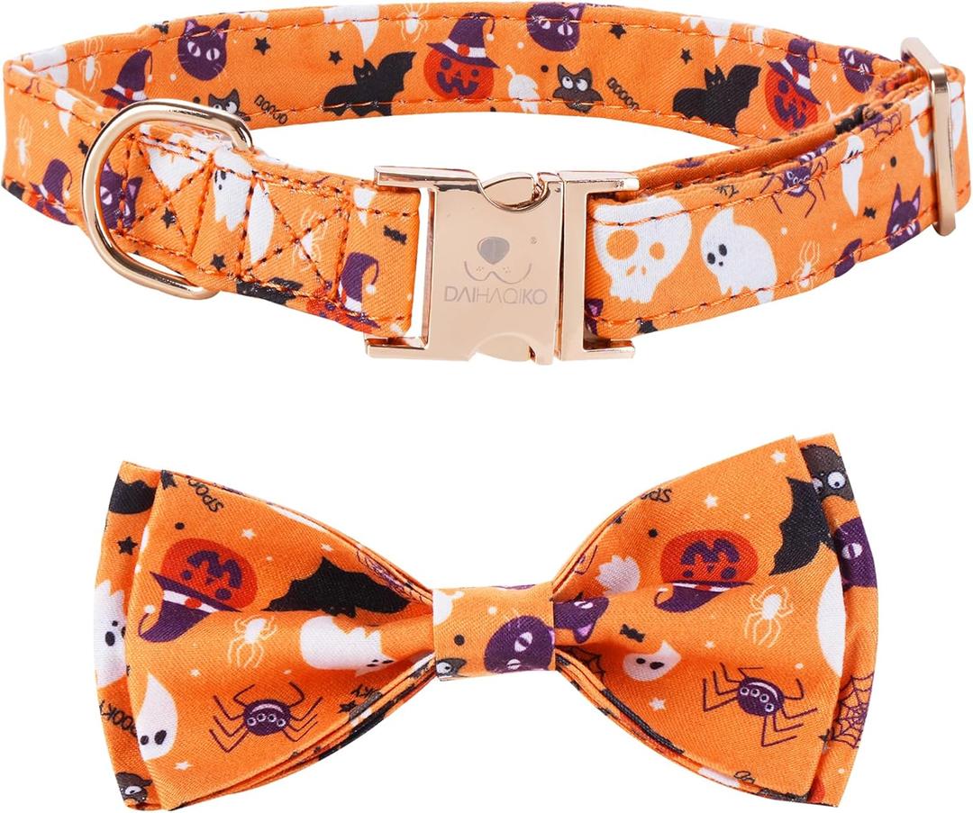 Halloween Dog Collar, Medium Dog Collar with Bow, Pumpkin Style for Girl Boy,Soft Adjustable Design for Small Medium DogsOrangeM