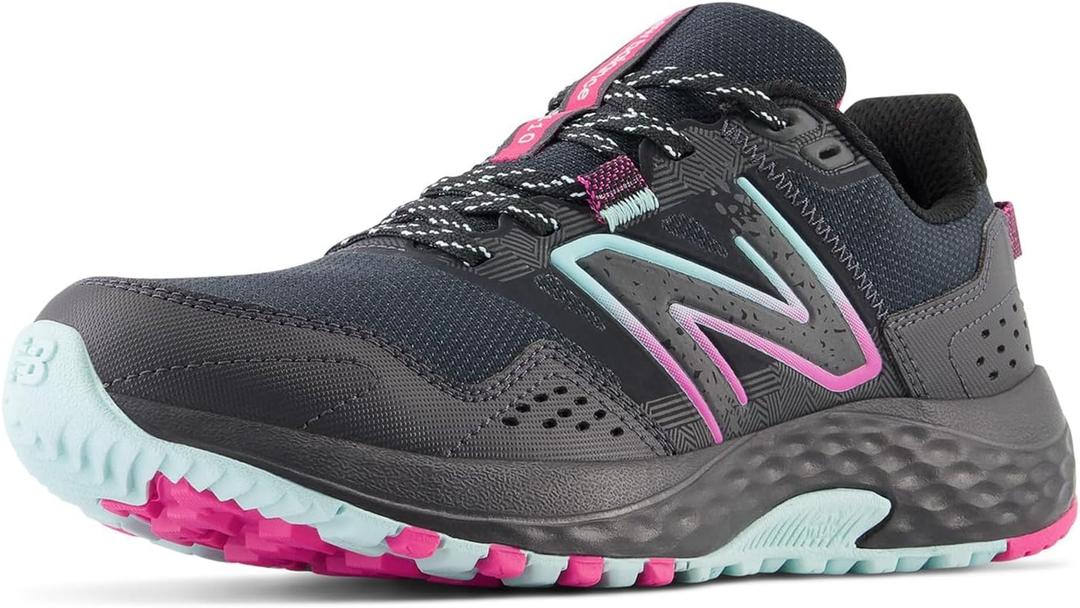 New Balance Women's 410v8 Trail Running Shoe, Black/Bright Cyan/Hi-Pink, 7 W