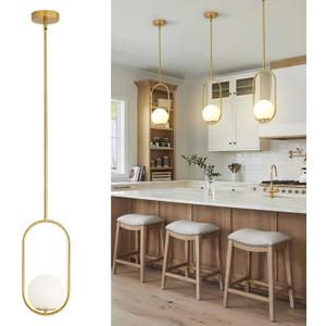 Yunnix Pendant Lights Kitchen Island, Pendant Light Fixtures, Modern Gold Globe Glass Pendant Lighting, Brass Mid Century Chandelier One Light for Bathroom Bedroom Dining Room(Bulb Not Included)