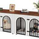71 Inch Double Wooden Dog Crate Furniture with Divider TV Stand for 2 Dogs | Removable divider, soft cushion mat, dual dog indoor kennel, multi-use living room furniture,White Brown