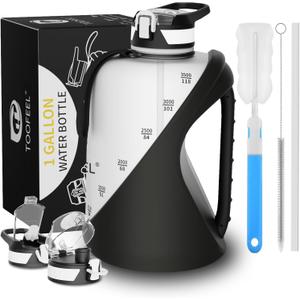 TOOFEEL 1 Gallon Water Bottle - 128 oz, BPA Free, Wide Mouth, Straw & Chug Lid, Gym & Travel, Black and White