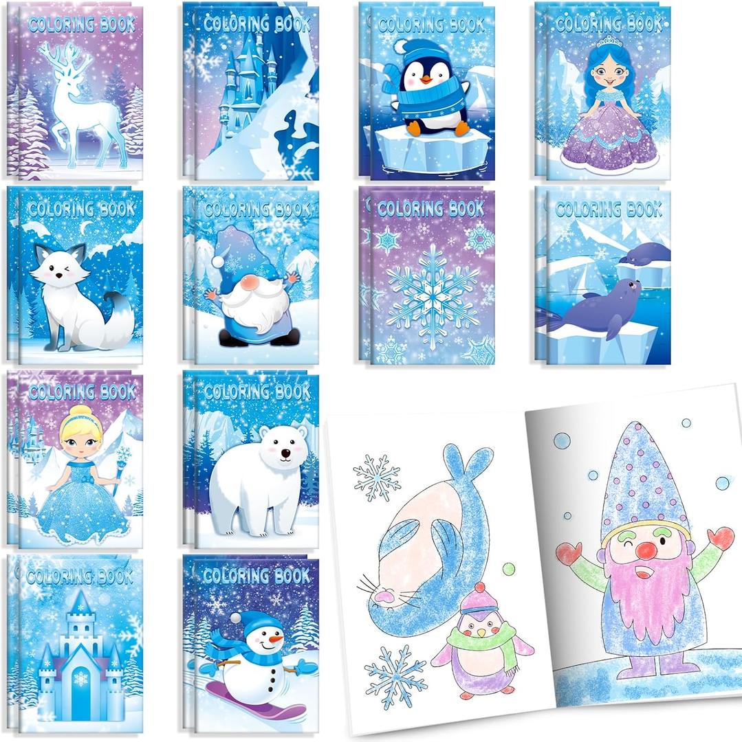 BenLouis 24 Pcs Frozen Mini Coloring Books Kids Winter Snowflake Party Favors Small Activity Books Bulk for Kids Winter Holiday Themed Goodie Bags Stuffers Return Gifts Classroom Travel