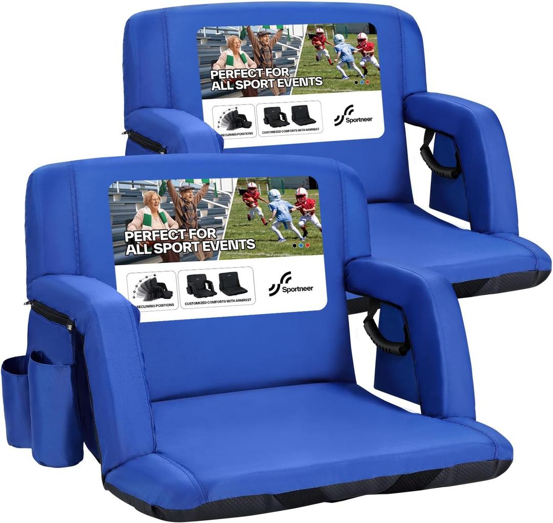 Sportneer Stadium Seats with Back Support: 2.5'' Thick Comfy Cushion 6 Adjustable Angle Bleacher Seat with Armrest - 2 Large Pockets, 2 Cup Holders Stadium Chair for Sport Events Concerts Parks (Extra Wide - 24", Blue, 2 Pack)